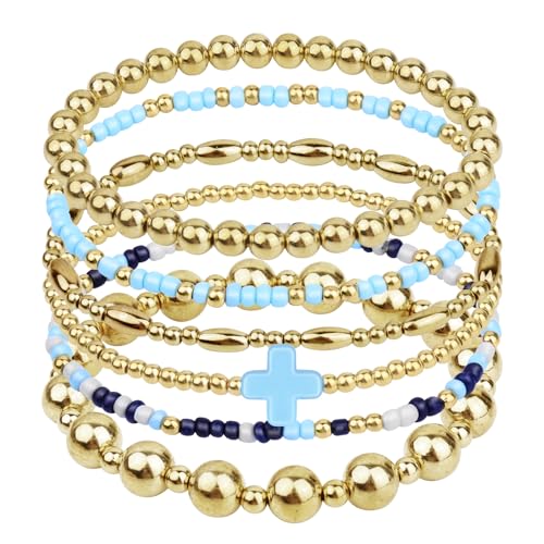 Gold Beaded Bracelets for Women: 14K Gold Bracelets for Women Trendy Dainty Gold Ball Bracelet Stack for Womens - Boho Stretch Bracelets Jewelry Sets with Cross Fashion Accessories Gifts for Women - style: Blue Cross