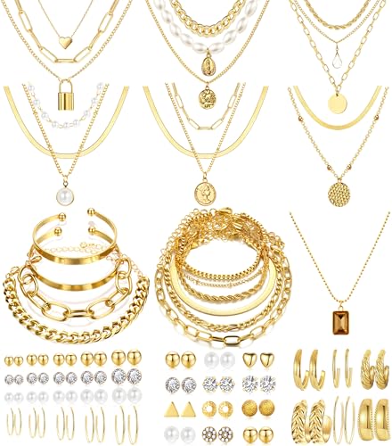 FAXHION 68 Pcs Gold Jewelry Set for Women with 7 Necklace, 17 Bracelet, 5 Hoop Earrings, 15 Stud Earrings, 24 Knuckle Rings for Women Jewelry Set for Women Gift - color: gold hoops set