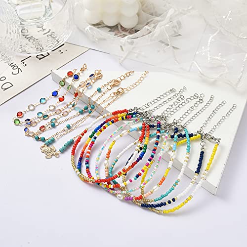 XIJIN 8Pcs Handmade Beaded Anklets for Women Boho Colorful Beads Ankle Bracelets Adjustable Foot Anklet Set - color: J