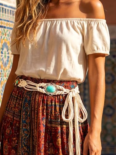 Fstrend Women's Woven Waist Belt Chain,Turquoise Braided Belts with Wooden Beads,Adjustable Belly Accessory for Dress (D) - color: A
