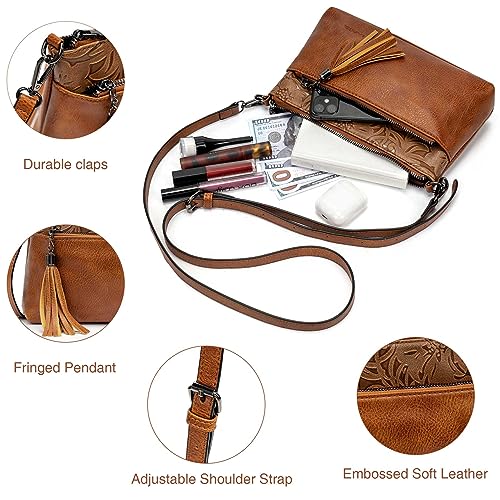 LAVAWA Women's Crossbody Handbag Small Vintage, Ladies Wallet Western Adjustable Phone Purse Clutch Turquoise Concho Embossed - color: Brown3