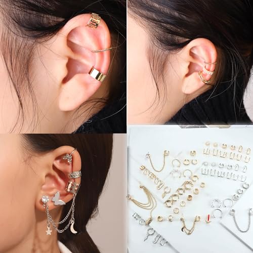 66Pcs Ear Cuff Earrings for Women Non Piercing, Fake Earrings, Silver Clip on Cartilage Earrings for Sensitive Ears Gold Ear Wrap Earrings for Helix Cartilage Butterfly Ear Cuffs Non Piercing