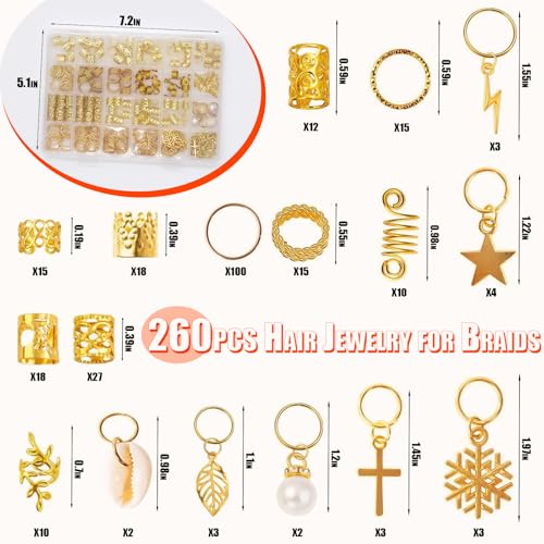 260pcs Gold Hair Jewelry for Women Braids Dreadlock Locs,17 Styles Metal Hair Accessories Adjustable Hair Charms Cuffs Coils Beads Rings Braiding Decoration - color: Gold-260pcs