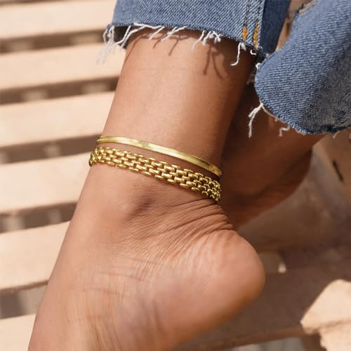 KissYan Gold Ankle Bracelets for Women, 14K Gold Anklets Chunky Cuban Link Chain Summer Beach Foot Jewelry Gifts for Women - color: Brick Link-Gold