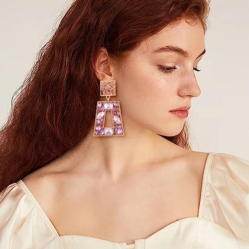 Rhinestone Rectangle Statement Earrings Colorful Crystal Geometric Drop Dangle Earrings for Women Prom Party - color: Purple