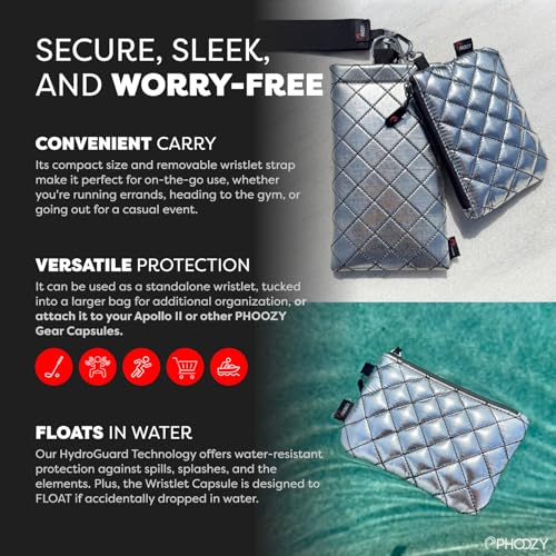 PHOOZY Floating Wristlet Wallet for Women with Keychain - NASA-Engineered Capsule That Floats in Water for Easy Recovery - Splash-Resistant Pouch for Keys Cards and Cash - Silver