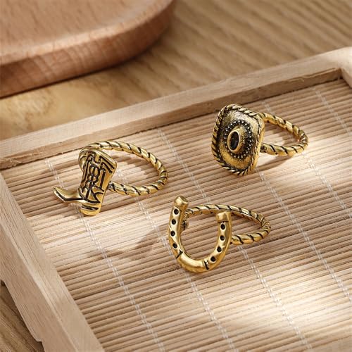 NewZenro 3PCS Western Cowboy Stacking Rings Set for Women Men Vintage Boho Cowgirl Hat Boot Horseshoe Stackable Statement Finger Band Rings Comfort Fit Country Concert Party Holiday Jewelry Size 7 - color: Gold