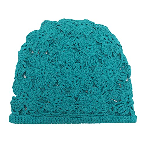 ZLYC Women Cotton Crochet Slouchy Beanie Hat Handmade Knit Summer Skull Cap - color: Crochet Peacock Blue