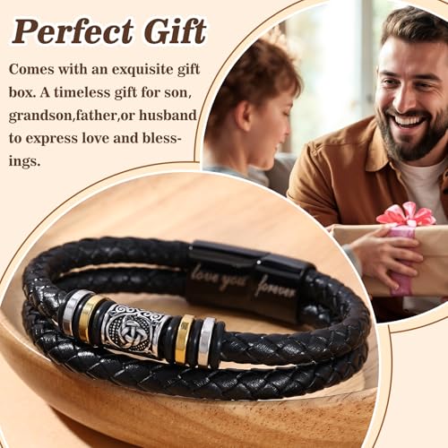 Mens Leather Bracelet,Black Stainless Steel Double-Row Braided Black Stainless Steel Love You Forever Engraved,Baptism Easter Day Gift for Men Son & Grandson - style: For Father