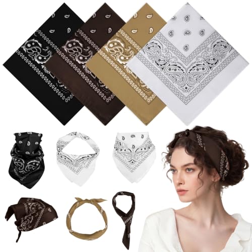PLULON Bandanas for Men Women 4/12/24/30 Pack, Paisley Pattern Bandana Bulk Headbands Handkerchief Face Mask 100% Polyester - color: Black, Khaki, Coffee, White