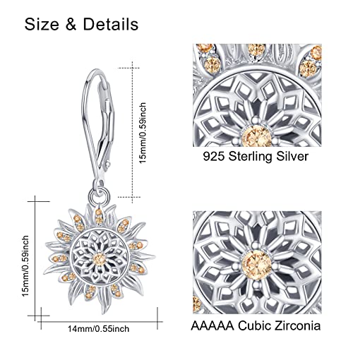 Sunflower Leverback Earrings S925 Sterling Silver Earrings You Are My Sunshine Dangle Earring Jewelry for Women - style: Silver Sunflower