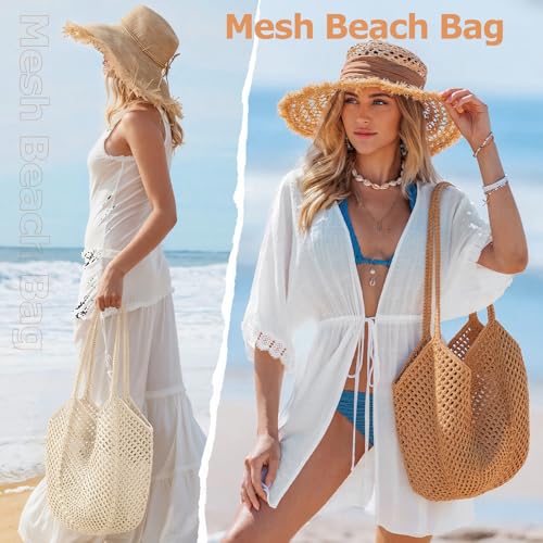 Tavaleu Crochet Tote Beach Bags for Women, Mesh Beach Tote Knit Bag, Summer Vacation Aesthetic Boho Hobo Shoulder Bag - color: Beige - Mesh Crochet