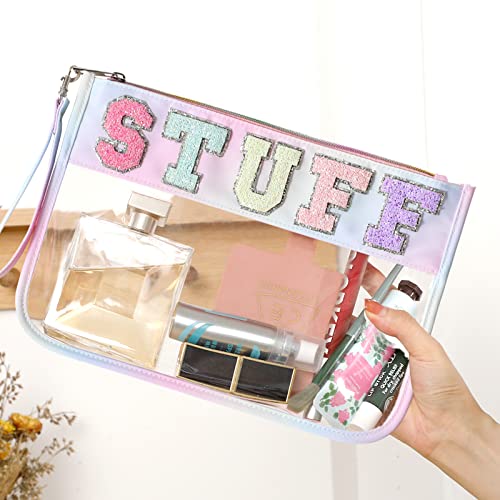 DYSHAYEN Chenille Letter Clear Zipper Pouch for Travel,Nylon Clear Cosmetic Bag,Makeup Travel Bag for Women Girls 11.8 Inches x 8.2 Inches - color: Multicoloured-Stuff