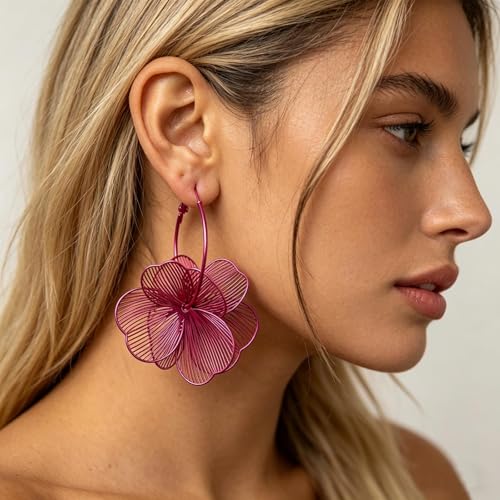 Gold Flower Statement Earrings for Women Boho Trendy Hoop Earrings Floral Dangle Petal Earring Prom Wedding Jewelry Gifts - color: A5:hot pink