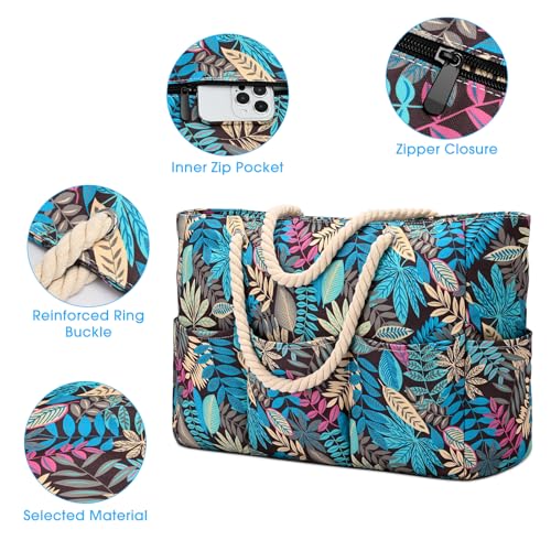Becokan Beach Bags for Women Canvas Large Beach Tote Bag Zipper Waterproof Sandproof Foldable Swim Pool Bag with 7 Pockets - color: Leaves