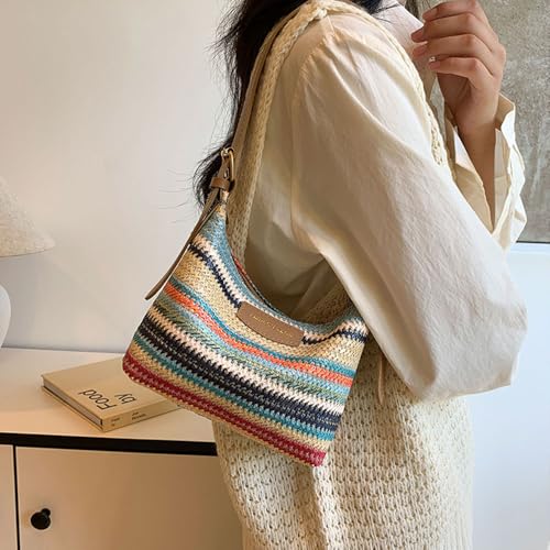 Women's Woven Beach Shoulder Handbag Colorful Straw Tote Bag Summer Vacation Crossbody Bag - color: 9706khaki