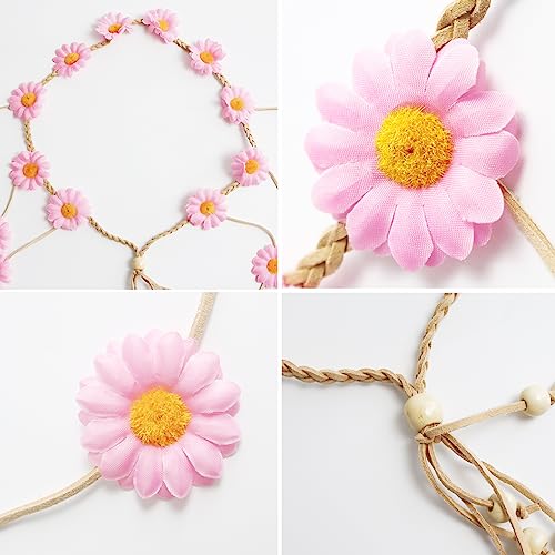 Sucrain 2pcs Flower Hippie Headband Floral Crown Summer Sunflower Hair Accessories for 70 s Bohemian Costumes Style for Women(White+Pink) - color: White+Pink