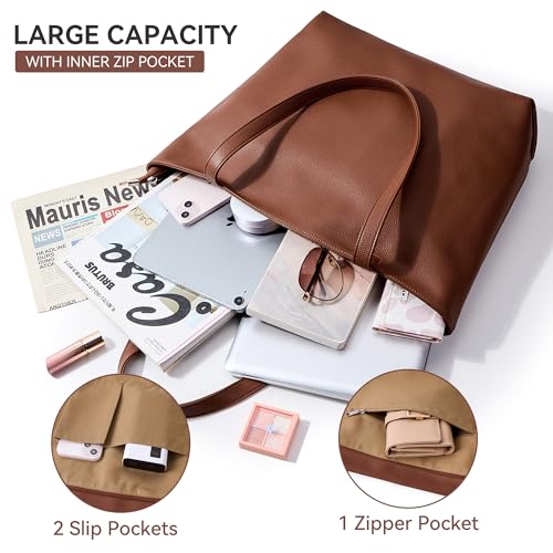 WLLWOO Soft Vegan Leather Tote Bag for Women Large Casual Hobo Handbags Zipper Shoulder Work Daily Weekender Travel Purse - color: Brown