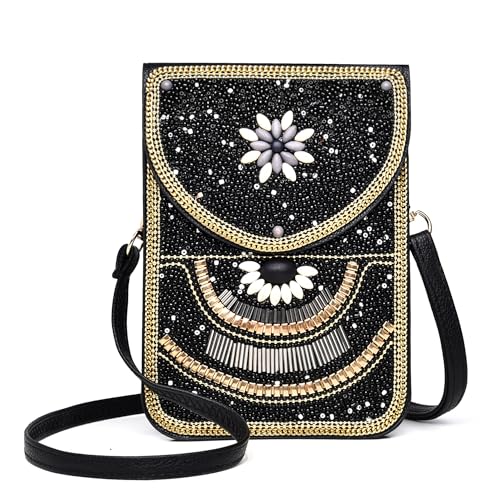 Small Crossbody Bags for Women Designer Cell Phone Bag Boho Shoulder Wallet Purse - color: Black-white