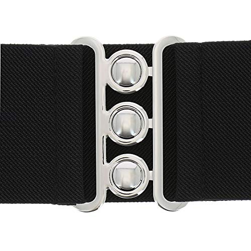 FASHIONGEN - Wide Waist Elasticated Woman Belt Made in France, GLORIA - color: Black (Silver Buckle), size: XL / waist size 34 to 36