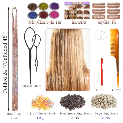 Celinebella Peach Pink Hair Tinsel, 48" 1250 Strands Galaxy Fairy Hair | Dreamy starry pink peach gradient, ultra soft silky, heat resistant, great for wedding prom dating & party looks - color: 03-Galaxy Pink, size: 48 Inch Pack of 5Pcs