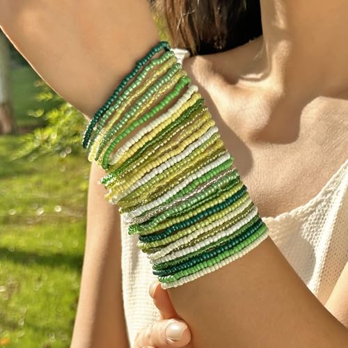 30Pcs Elastic Beaded Bracelets Set Bohemia Multilayer Stackable Seed Beaded Stretch Bracelet Anket Colorful Crystal Glass Beads Wristbands for Women Summer Beach Boho Jewelry Gifts - color: Green