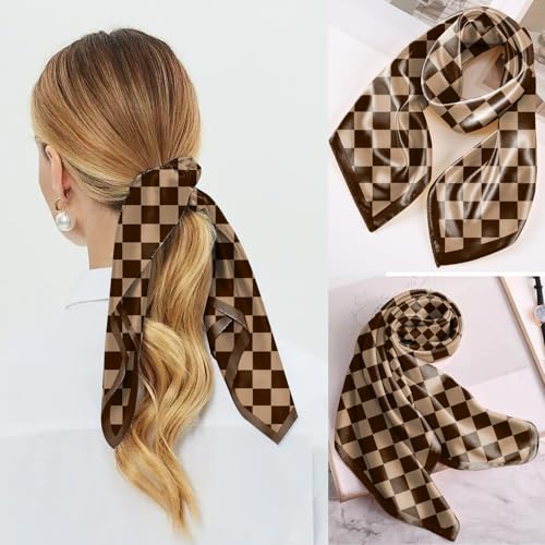 Scarf Silk Feeling Square Satin Head Hair Scarf Wrap 27.5 Inches Headwear Aesthetic Cute Decoration Women Girls - color: V-1-brown