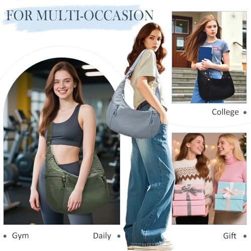 VASCHY Crossbody Crescent Bag for Women, Casual Lightweight Nylon Large Slouchy Hobo Bags Purses for Travel/Gym/Work/College - color: Light Blue