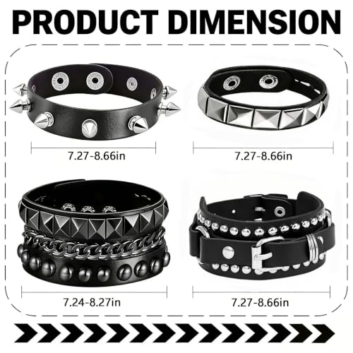 Handmade Black Leather Wrap Studded Bracelets for Women Men, 4Pcs Vintage Punk Wrist Cuff Bangle Wristband Emo Jewelry Gifts - style: Pin Buckle Style