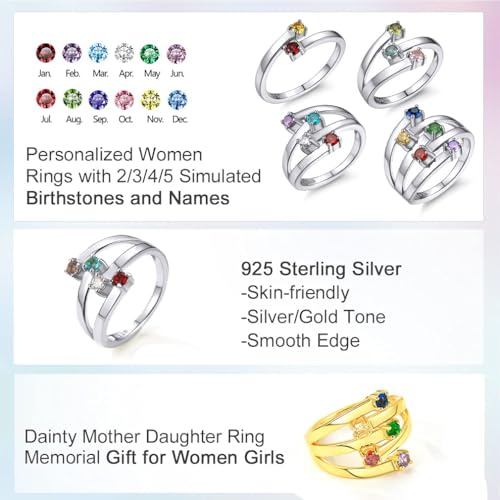 Custom4U Personalized 1-4 Birthstone Rings for Women Promise Rings for Her Sterling Silver Mothers Ring Customized Cubic Zirconia Stones Wedding/Valentine's Day/Mother's Day Jewelry Gift for Mom Wife - color: B-5 Names-Gold