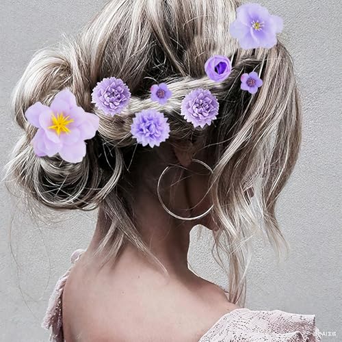 21 Pieces Silk Flower Hair Clip Women Aesthetic Boho Floral Hair Barrettes Handmade Rose Bride Barre Hair Accessories Wedding(Purple) - color: Purple