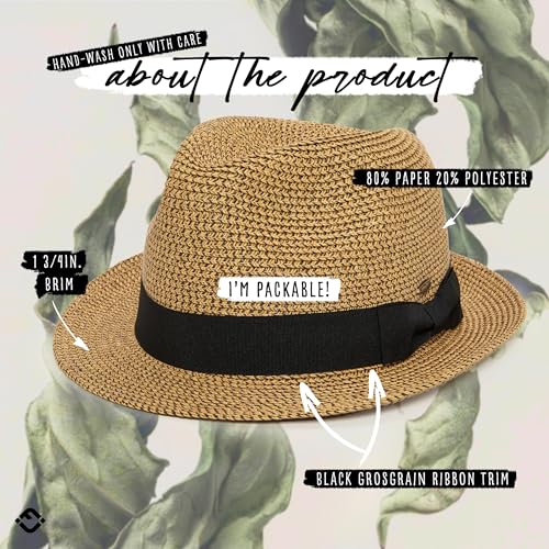 Funky Junque Straw Fedora Hats for Women - UPF 50+ Sun Hat, Short Brim Packable Beach Hat with Woven Pattern - color: Brown/Natural Mix W/ Black Band