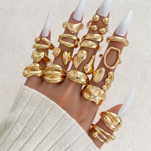 IFKM Gold Chunky Rings Set for Women 14k Gold Plated Thick Dome Stackable Open Rings Trendy Dainty Minimalist Jewelry Gifts - color: Gold, style: 17pcs Fashion