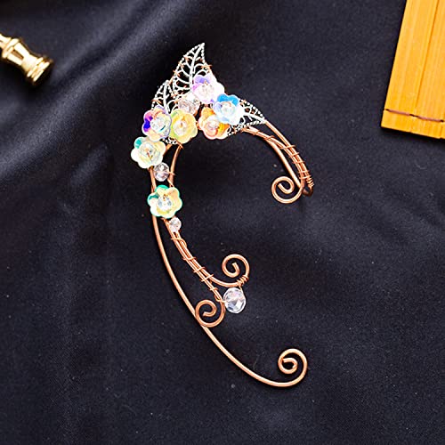 Elf Ear Cuffs, OwMell Handcraft Silver Pointed Fairy Elven Cosplay Fantasy Costume Bridal Wedding Earrings for Non Pierced Ears - style: Colorful Flowers
