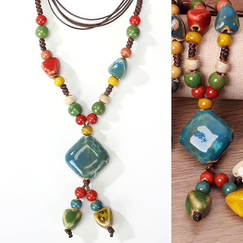 Boho Necklace for Women,Vintage Butterfly Pendant Necklaces,Adjustable Wooden Beads Layered Braided Choker,Fashion Tribal Style Leather Rope Necklace Jewelry,Chunky Statement Gift for Women - color: Colorful4