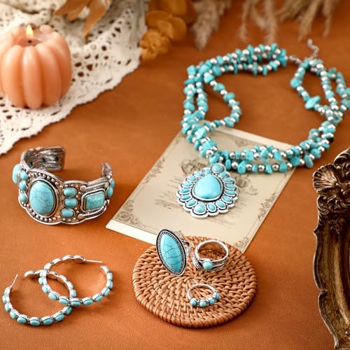 Ecally Bohemian Western Jewelry Turquoise Set Women Country Pendant Long Choker Layered Bracelets Earrings Ring for Women - color: Turquoise, style: Rustic