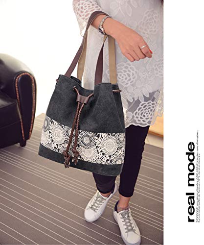 Women Printing Canvas Shoulder Bag Casual Handbags Purse Retro Tote - color: Black