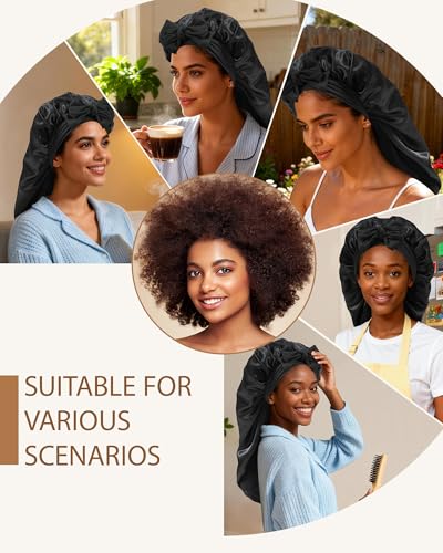 AWAYTR Long Satin Bonnet for Braids - Elastic Silk Hair Bonnets for Sleeping Night Cap Stretchy Tie Band for Women（Black） - color: Black