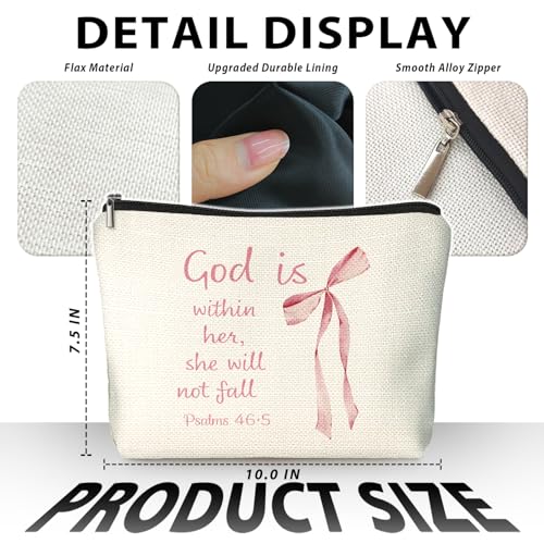 Coquette Pink Bow Christian Makeup Bag, God Is Within Her She Will Not Fall Cosmetic Bags for Women, Christian Bible Verse Gifts for Women, Preppy Aesthetic Zipper Makeup Pouch - color: 01-God Is Within Her She Will Not Fall