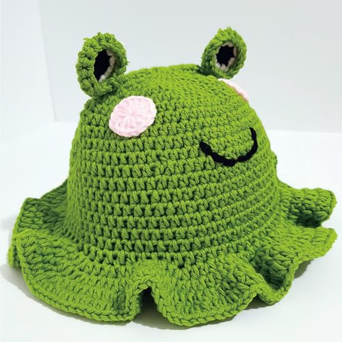 KORADI Womens Crochet Bucket Hat Ruffled Brim Knitted Hats Winter Boho Handmade Caps - color: Green-frog