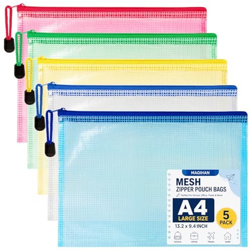 Mesh Zipper Pouch Bags - 5 Pack Large Waterproof Zipper Bags 13.2 x 9.4 Inch Clear Mesh Storage Pouches Assorted Colors for Home, Office, Travel, Puzzles, Cosmetic, Accessories - size: 13.2 x 9.4 Inch