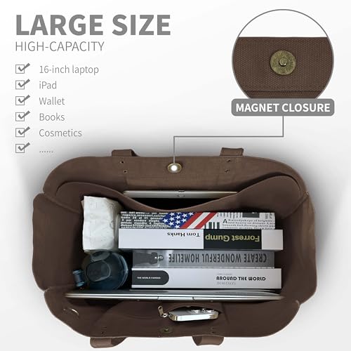 HOMESPON Large Canvas Tote Bag for Women Everything Bag with Pockets and Laptop Sleeve - color: Brown