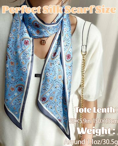 kcctoo 59” Long Silk Like Head Scarf Women's Fashion Square Neck Satin Scarfs for Bag Hair Scarves Gift 59 * 5.9” - color: D2 Blue Flower Drop Shaped 59" X 5.9"