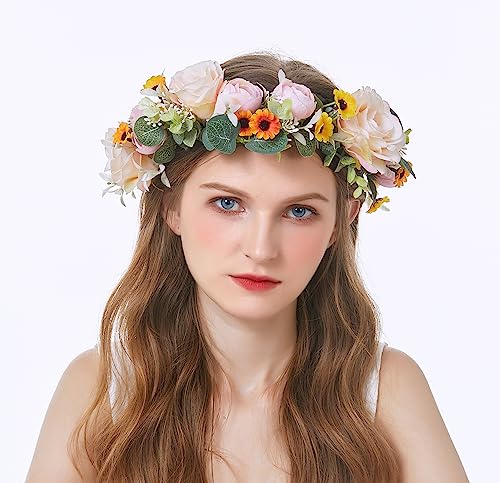 Vivivalue Floral Crown Bridal Flower Headband Hair Wreath Floral Headpiece Halo Boho with Ribbon Wedding Party Festival Photos - color: 5