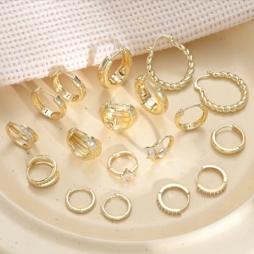 9 Pairs Small Gold/Silver Hoop Huggie Earrings Set for Women, 14K Gold Plated Chunky Hoop Small Earring Hypoallergenic Thick Open Lightweight Chunky Hoop Earrings Jewelry for Gifts - color: gold-1