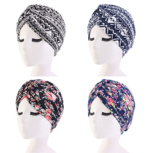 beauty YFJH Women's Cotton Turban Head Wrap Cancer Chemo Beanies Cap Headwear Cap Bonnet Hair Loss Hat - color: Ethnic Black/Ethnic Navy/Black Flower/Navy Flower