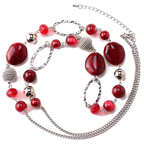 BULINLIN Beaded Long Necklace for Women Silver Sweater Chain Necklace with Crystal Resin Beads, Fashion Jewelry Necklace - color: Red