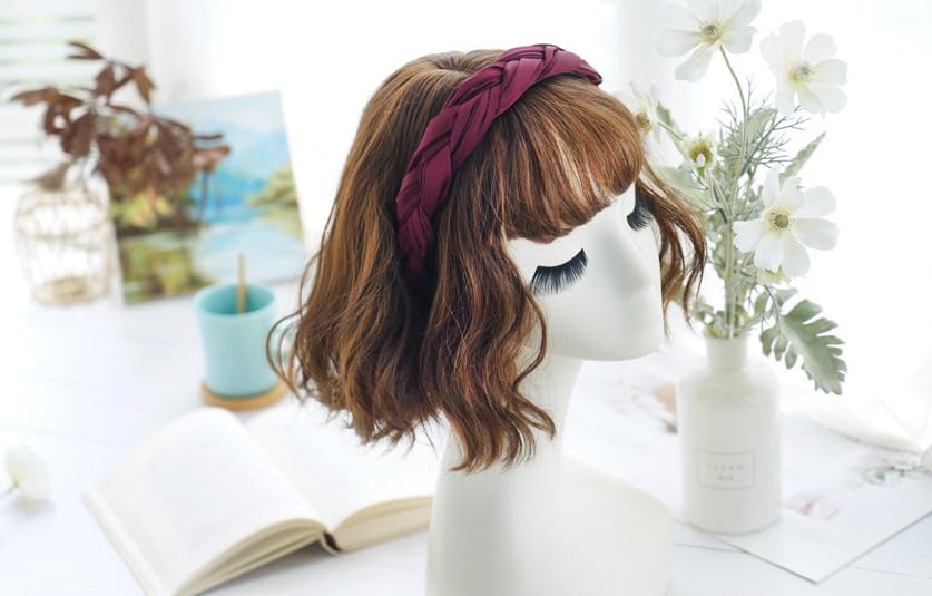 Braided Headband for Women-Vintage Fabric High Crown Headband with Non-Slip Teeth, Cute Boho Knotted Hair Band for Women & Teens (1-Wine Red, One Size) - color: 1-Wine Red