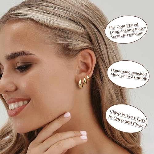 BESTEEL 3Pairs 14K Gold Plated Hoop Earrings Set for Women Chunky Earring Silver Plated Hypoallergenic Small Huggie Hoops Lightweight Tiny Thick Trendy Hoop Earrings Stacks for Multiple Piercing - color: 14k gold plated