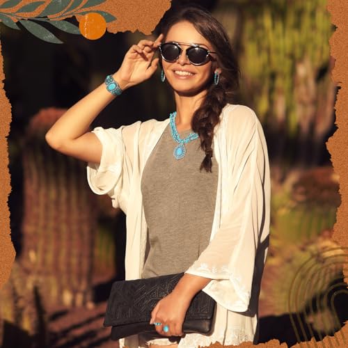 Ecally Bohemian Western Jewelry Turquoise Set Women Country Pendant Long Choker Layered Bracelets Earrings Ring for Women - color: Turquoise, style: Rustic